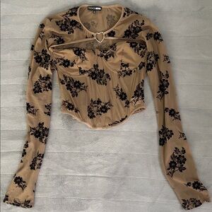 Fashion Nova Tan and Black Floral Long Sleeve Blouse